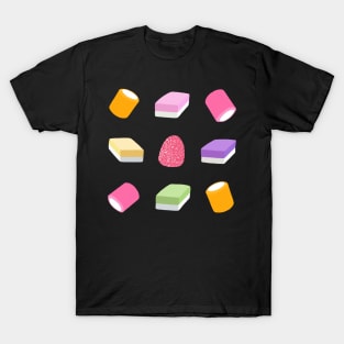 Dolly Mixture Sweets Colourful Pattern on Black T-Shirt